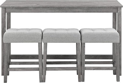4-Piece Farmhouse Kitchen Table Stool Set with Power Outlets, Industrial Dining Tables with 3 Upholstered Stools, Wooden Counter Table Chairs w/Charging Station&2 USB Ports, Gray+Gray