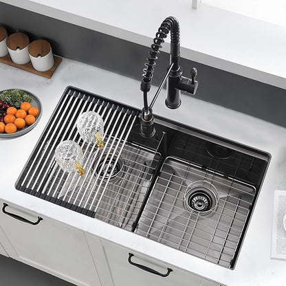 30 Inch Black Undermount Double Bowl Kitchen Sink - 16 Gauge Stainless Steel Undermount Workstation Kitchen Sink Double Bowl 50/50, 30x19 Inch