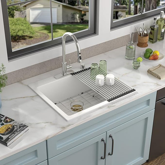25"×22" Granite Composite Kitchen Sink - White Granite Kitchen Sink Drop In Top Mount Quartz Classic Above Counter Single Bowl Basin