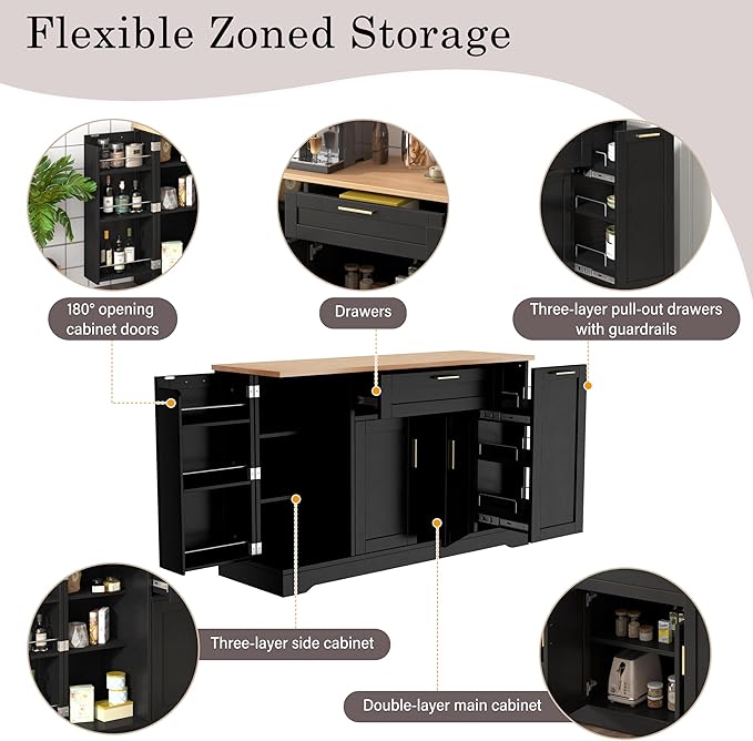 Sideboard Buffet Cabinet with 3-Tier Pull-Out Rack, Multi-Functional Kitchen Island with Adjustable Shelves and Drawers, Wood Buffet Table for Kitchen, Dining Room, Living Room, Black
