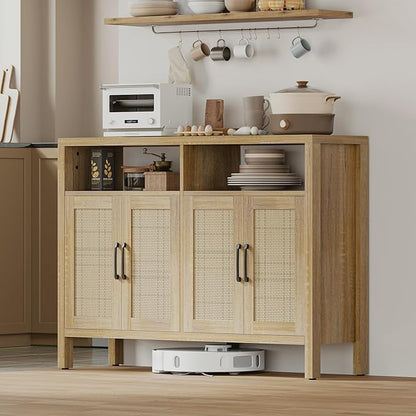 Mericonia Rattan Buffet Cabinet with Storage, Sideboard with Doors, Console Table, Farmhouse Coffee Bar, Modern Wood Storage Cabinets TV Stand(Natural 2.0)
