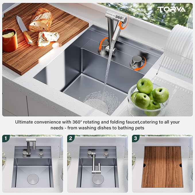 TORVA RV Kitchen Sink, 15 x 18 x 9 Inch Undermount Bar Sink 16 Gauge Stainless Steel Single Bowl Sink with Foldable Faucet Cutting Board, Grey