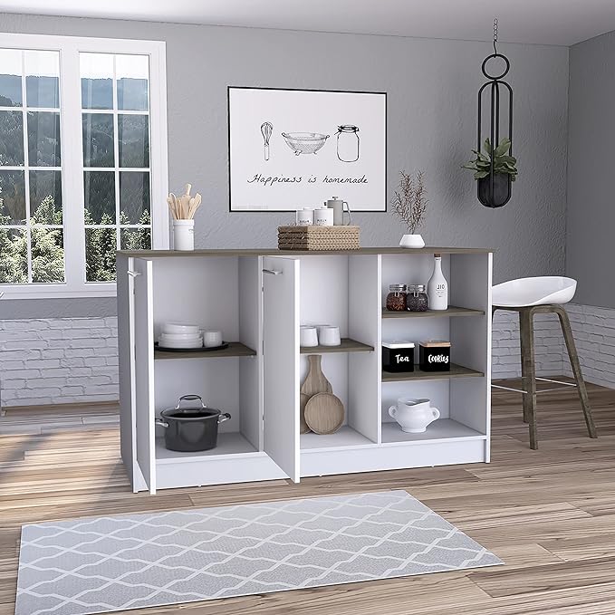 GOWE Ginger Kitchen Island, Three Open Shelves, Two Cabinets