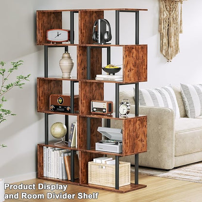Furologee 6 Tier Bookshelf, Tall S Shaped Geometric Bookcase, Modern Display Shelf Standing Unit, Wood Metal Decorative Divider Rack for Living Room Bedroom Office, Rustic Brown | Tall, Bookcase, Display, Book Shelf, Decorative, Bookshelves