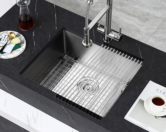 Brushed 24 Inch Undermount Kitchen Sink, 18 Gauge 304 Stainless Steel Single Bowl with Bottom Grid & Roll-Up Drying Rack, 9" Deep Utility Sink for Laundry, Kitchen, Bar