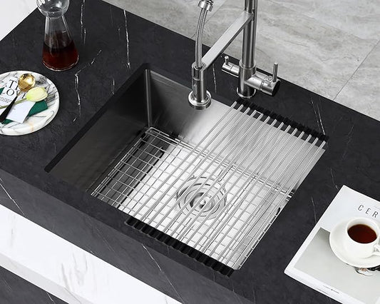 22-Inch Undermount Kitchen Sink, 304 Stainless Steel Brushed Single Bowl Handmade Sink with Bottom Grid & Roll-up Drying Rack, for Indoor/Outdoor Use (D22"xW18"xH9")