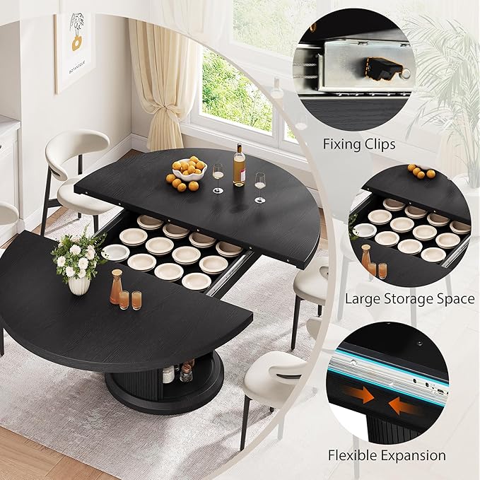 Jocoevol 47″–63″ Extendable Round Dining Table for 4–8 with Dust-Proof 2-Tier Storage Shelf Space Saving Expandable Wood Oval Circle Dinner Furniture with Pedestal Base (Black)