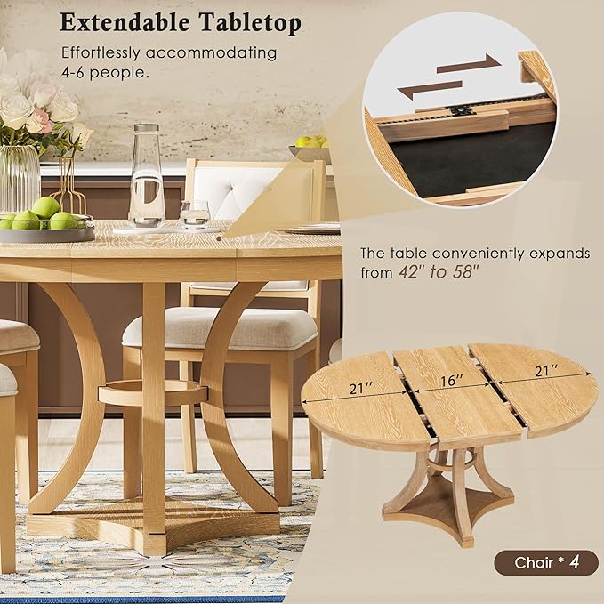 Vintage 5-Piece Extendable Round Dining Table Set for 4 with Chairs, Modern Wood Kitchen Table Set with Tufted Upholstered Chairs for Kitchen Dining Room Living Room (Natural)