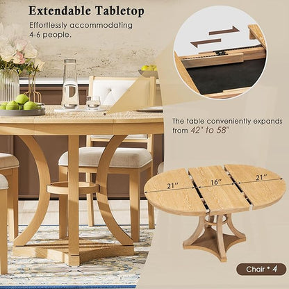 Vintage 5-Piece Extendable Round Dining Table Set for 4 with Chairs, Modern Wood Kitchen Table Set with Tufted Upholstered Chairs for Kitchen Dining Room Living Room (Natural)