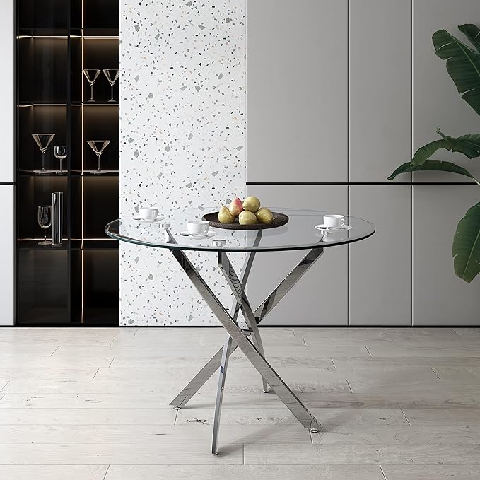 Glass Dining Table,36'' Round Dining Kitchen Table,Modern X-Design Dining Room Table with Silver Stainless Steel Base for Dining Room
