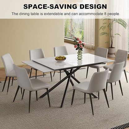 Runboll Extendable Rectangular Dining Table Set for 8, 47"-71" Modern Sintered Stone Kitchen Table with 8 Chairs and Carbon Steel Legs for Dining Room Family Gathering