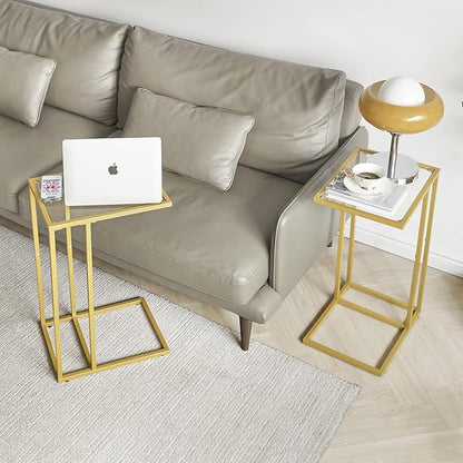 YMYNY C-Shaped End Table, Tempered Glass Sofa Side Table, TV Tray CouchTable That Slide Under for Small Space, Coffee Table for Hallway Office Bedroom Living Room, Metal Frame, Gold, UHGD001G