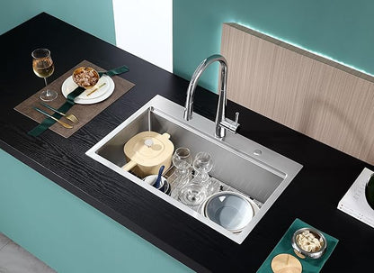 MENATT 28 inch Drop In Kitchen Sink with Ledge, 2 Faucet Hole Single Bowl Workstation Sink, 18 Gauge 304 Stainless Steel Top Mount Kitchen Sink with Accessories