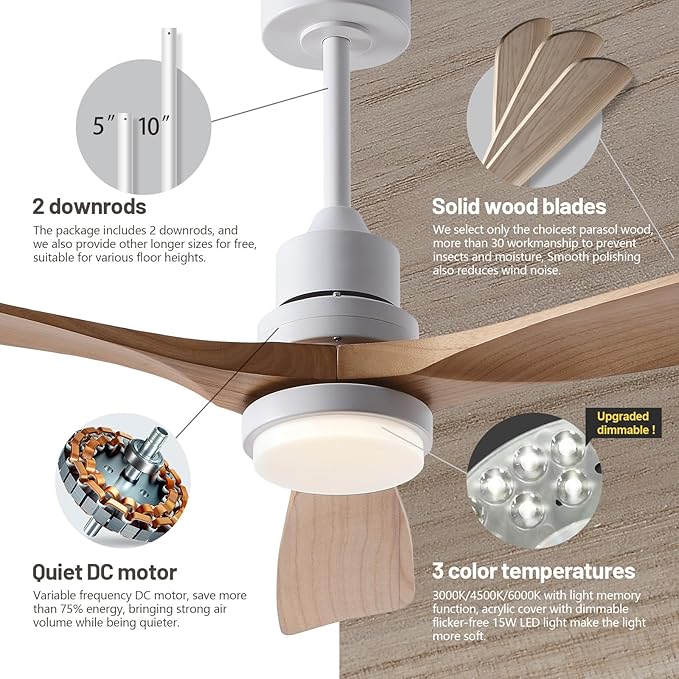 60 Inch Ceiling Fans with Lights and Remote, Quiet Reversible DC Motor and 3 Color Dimmable LED Light, 6 Speeds Wood Ceiling Fan for Farmhouse Living Room Bedroom Dining Room Workroom Study