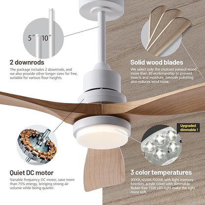 60 Inch Ceiling Fans with Lights and Remote, Quiet Reversible DC Motor and 3 Color Dimmable LED Light, 6 Speeds Wood Ceiling Fan for Farmhouse Living Room Bedroom Dining Room Workroom Study