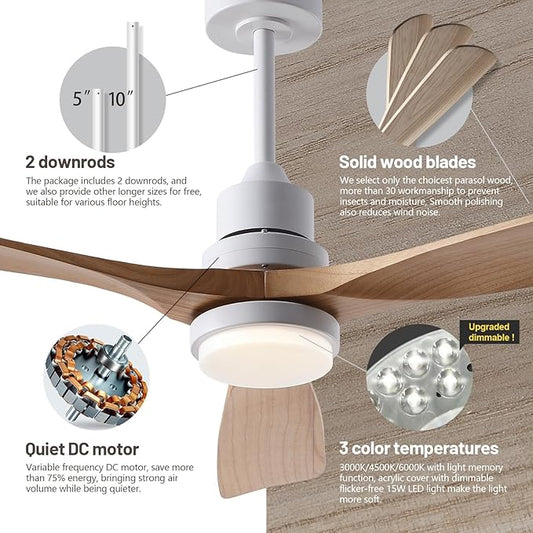 60 Inch Ceiling Fans with Lights and Remote, Quiet Reversible DC Motor and 3 Color Dimmable LED Light, 6 Speeds Wood Ceiling Fan for Farmhouse Living Room Bedroom Dining Room Workroom Study