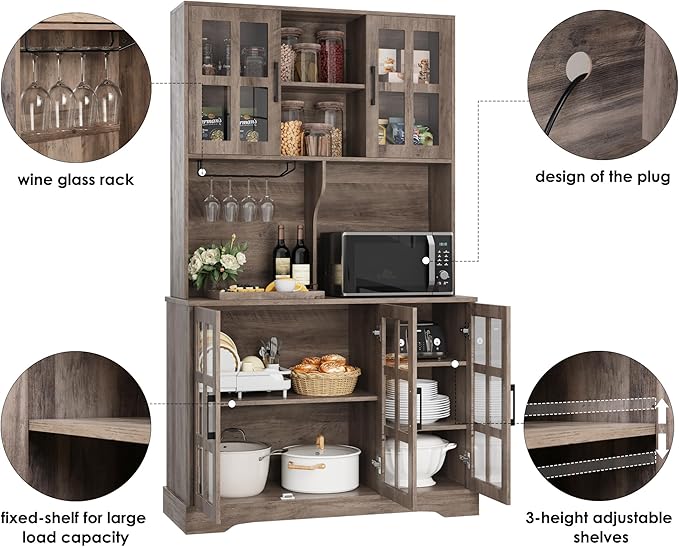Keyluv Kitchen Pantry Storage Cabinet 71" Tall Freestanding Pantry Cabinet, Farmhouse Glass Door Buffet with Oven Countertop, Large Wood Hutch for Kitchen, Living Room and Dining Room, Rustic