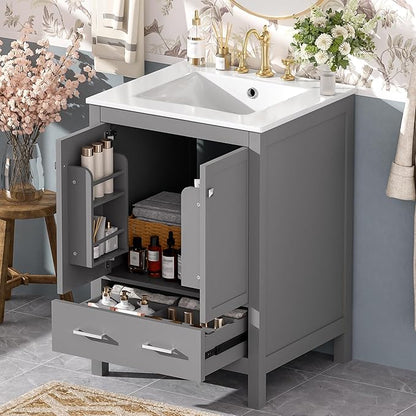 Favfurish 24" Modern Bathroom Vanity with Ceramic Sink, Freestanding Storage Cabinet w/2 Soft-Close Doors & 1 Drawer, Double-Layer Door Shelf, Solid Wood Frame for Small Bathrooms, Easy Assembly,Grey