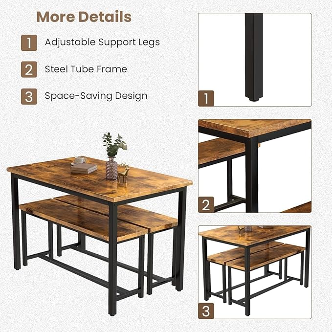 Recaceik 47” Dining Table Set for 4, 3-Piece Kitchen Table with 2 Benches, Wood Kitchen Table and Chair Set, Space-Saving Dining Room Set Dinette Set for Breakfast Nook and Small Space, Rustic Brown