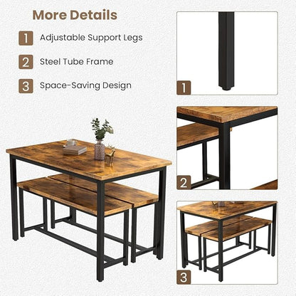 Recaceik 47” Dining Table Set for 4, 3-Piece Kitchen Table with 2 Benches, Wood Kitchen Table and Chair Set, Space-Saving Dining Room Set Dinette Set for Breakfast Nook and Small Space, Rustic Brown