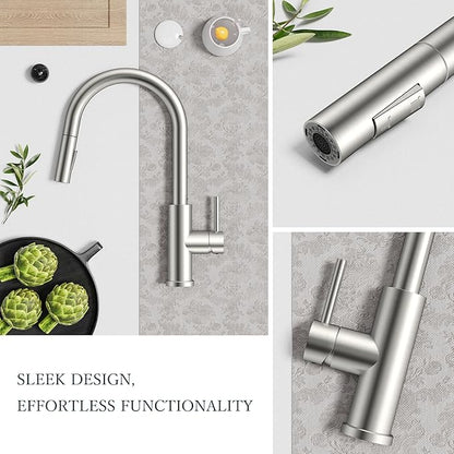 FORIOUS Kitchen Faucets with Pull Down Sprayer, Brushed Nickel Classic Single Handle Stainless Steel High Arc Faucet for Kitchen Sink, 1 Hole with Deck Plate Sink Faucet for Bar RV Farmhouse Laundry