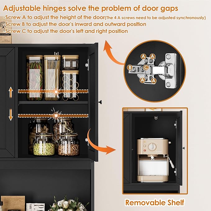 BOTLOG 72" Kitchen Pantry Cabinet, Kitchen Hutch with Microwave Stand, Buffet Cabinet with Hutch for Dining Room, Black