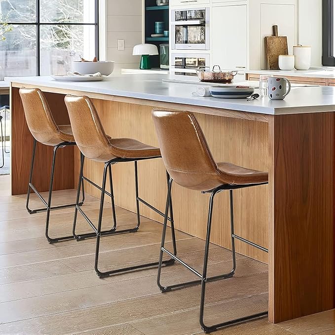 LEMBERI 26 inch Bar Stools Set of 4, Modern Counter Height Bar Stools Faux Leather Barstool with Back and Metal Leg, Armless Bar Chairs for Kitchen Island (Whisky, 4pcs 26")