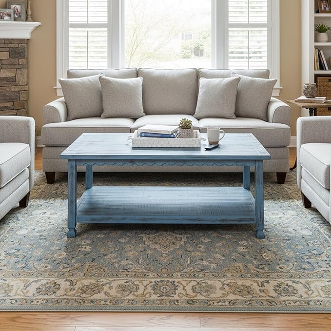 Rustic Rectangular Coffee Table, 42 in. W x 24 in. D x 18 in. H, Living Room Blue Antique, W/ (1) 36 in. W x 18 in. D x 10 in. H Shelf, Farmhouse/Cottage Style, Select Hardwood/Construction