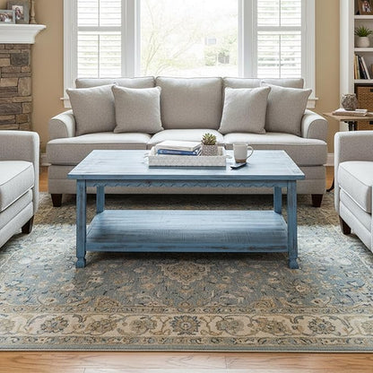 Rustic Rectangular Coffee Table, 42 in. W x 24 in. D x 18 in. H, Living Room Blue Antique, W/ (1) 36 in. W x 18 in. D x 10 in. H Shelf, Farmhouse/Cottage Style, Select Hardwood/Construction