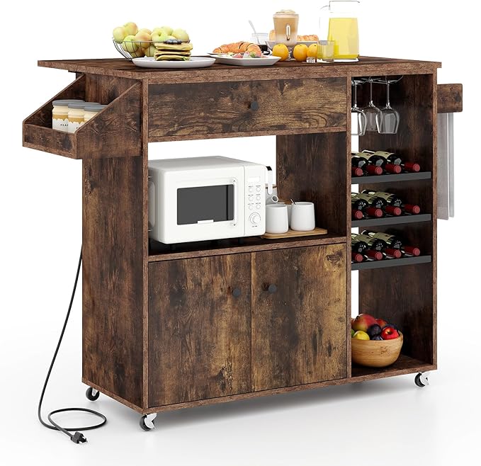 Giantex Rolling Kitchen Island Cart with Drop Leaf, Power Outlet, Spice Rack, 12 Wine Rack, Glass Holder, Drawer, Storage Cabinet, Towel Rack, Island Table for Breakfast Coffee Bar (Rustic Brown)