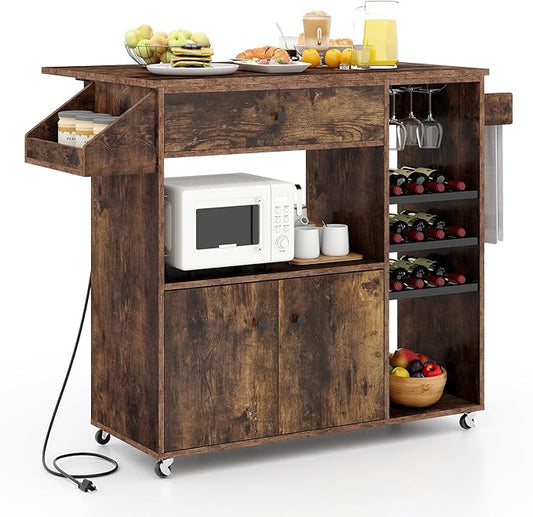 Giantex Rolling Kitchen Island Cart with Drop Leaf, Power Outlet, Spice Rack, 12 Wine Rack, Glass Holder, Drawer, Storage Cabinet, Towel Rack, Island Table for Breakfast Coffee Bar (Rustic Brown)