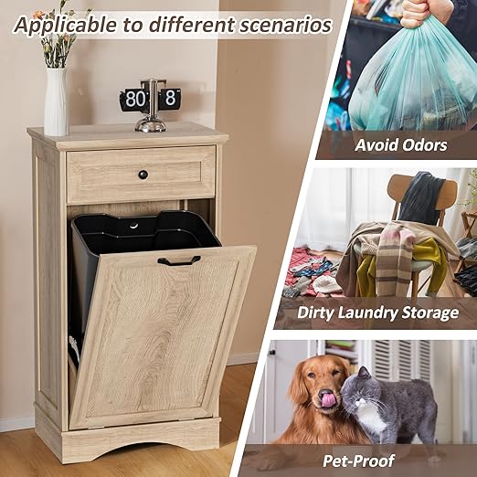 13 Gallons Tilt Out Trash Cabinet Freestanding Kitchen Trash Bin Cabinet Wood Garbage Recycling Cabinet with Hideaway Drawer Pet Proof Trash Can Holder for Kitchen Living Room, Natural