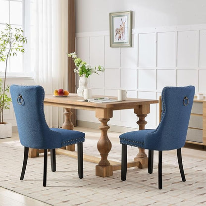 Ball & Cast Contemporary Upholstered Dining Chairs Set of 2, Flax Button Tufted Kitchen Side-Chairs with Hang Ring & Nailhead Trims & Wood Legs, 2-Piece Backrest Traditional Chair, Black+Blue