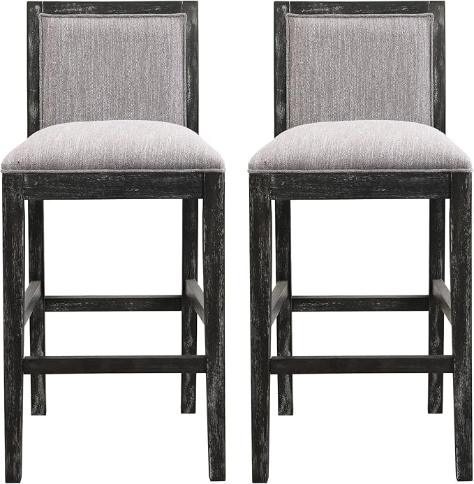 of 2 Bar Stools, 30.5 Inch. Fabric Upholstery and Rubberwood Frame. Retro Chairs for Kitchen Island, Bedroom, Dining. Soft Seating 2 30.5" Stools. Frame with Cozy Cushion. Kitchen, Dining Room.