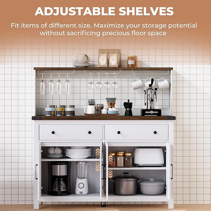 VVFLU Hutch Storage Cabinet Buffet with Drawers, and Charging Station, Coffee Bar Cabinet with Barn Doors, Wine Rack and Hooks, Countertop, Long Farmhouse, White, for Kitchen, Dining Room, 54.1" High