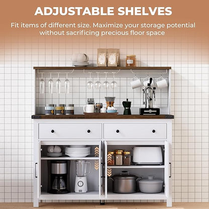 VVFLU Hutch Storage Cabinet Buffet with Drawers, and Charging Station, Coffee Bar Cabinet with Barn Doors, Wine Rack and Hooks, Countertop, Long Farmhouse, White, for Kitchen, Dining Room, 54.1" High