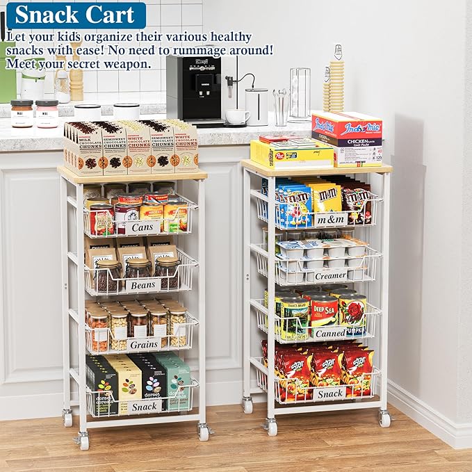 OKZEST 5-Tier Small Kitchen Storage Cart on Wheels with Pull-Out Drawers, Rolling Pantry and Snack Organizer Cart with Wood Top, Kitchen Floor Fruit Basket Stand for Fruit Potato Onion Veggie Snack