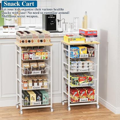 OKZEST 5-Tier Small Kitchen Storage Cart on Wheels with Pull-Out Drawers, Rolling Pantry and Snack Organizer Cart with Wood Top, Kitchen Floor Fruit Basket Stand for Fruit Potato Onion Veggie Snack