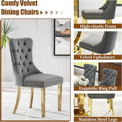 7-Piece Modern Luxury Dining Table Set, 70" Black Tempered Glass Dining Table with Gold Polished Stainless Steel U-Shaped Pedestal Base, 6 Gray Velvet Upholstered Chairs, for Dining Room, Office