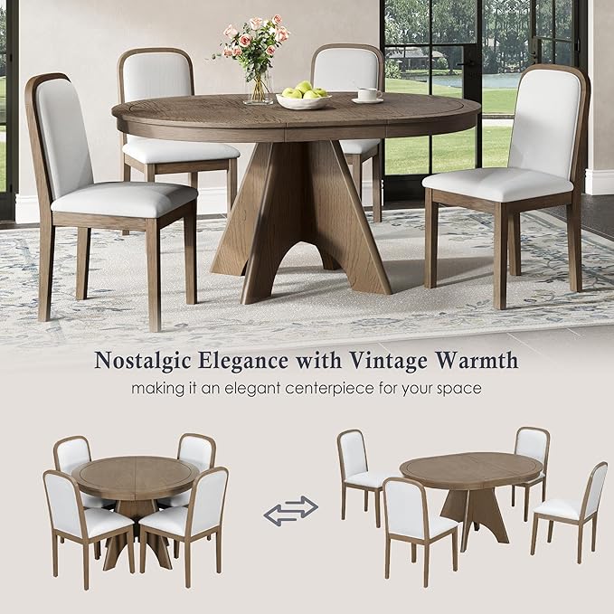 Merax Vintage Extendable Dining Table Set for 4-6 People, Rustic Farmhouse Kitchen Table with 4 Upholstered Chairs, 42 to 58 Inch Drop-Leaf Table with Distressed Finish, Espresso