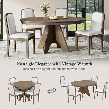 Merax Vintage Extendable Dining Table Set for 4-6 People, Rustic Farmhouse Kitchen Table with 4 Upholstered Chairs, 42 to 58 Inch Drop-Leaf Table with Distressed Finish, Espresso