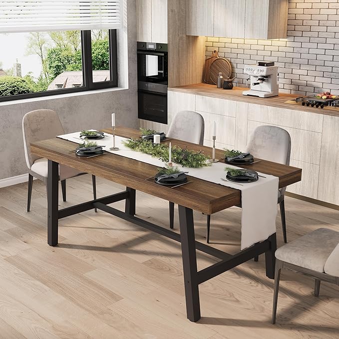 GarveeHome 63 Inch Small Space Dining Table for 4-6 People, Rectangular Kitchen Table for Apartment & Dining Room, Heavy Duty Metal Frame, Retro Brown