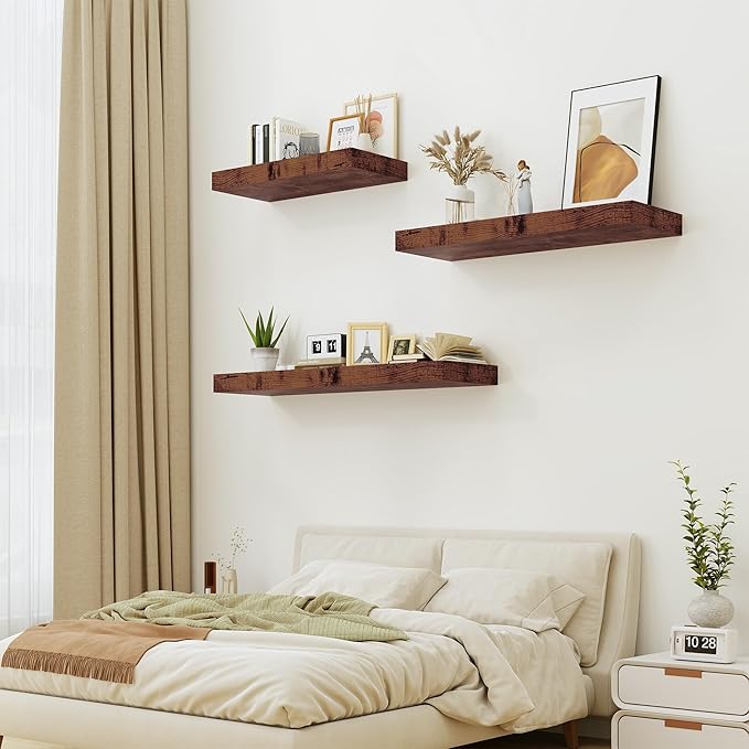 Heimlove 12" Deep Rustic Brown Floating Shelves,Over Toilet Long Wall Mounted Modern Farmhouse 36 inches,Wall Shelves with Invisible Brackets for Bedroom, Bathroom, Living Room, Kitchen, Set of 1