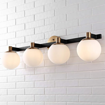 JONATHAN Y 34" Brass Gold/Black Modern Globe LED Vanity Wall Sconce Light, White Frosted Glass Shade, Mid-Century Art Deco Wall Lamp for Bathroom, Kitchen, Hallway (JYL3543A)
