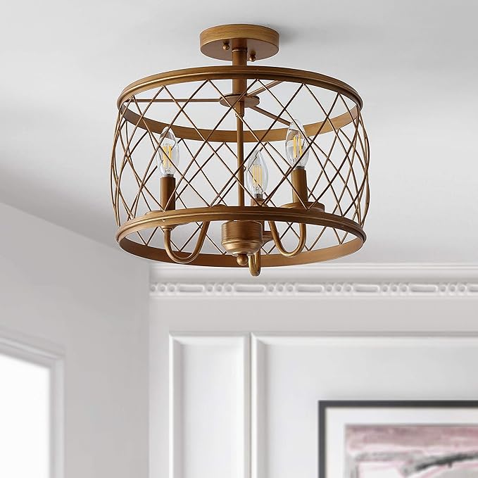 JONATHAN Y 15" Antiqued Gold LED Semi Flush Mount Ceiling Light, 3-Light Modern Industrial Drum Fixture for Bedroom Living Room Hallway, Gold Metal Cage Shade JYL9037A