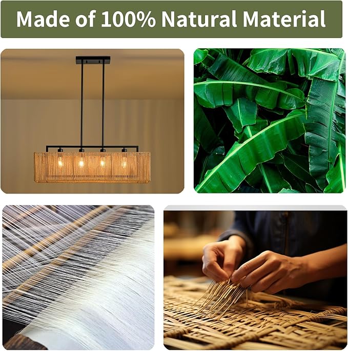 4-Light Rattan Chandeliers for Dining Room, Boho Chandelier 32 Inch Rattan Light Fixture Farmhouse Linear Lighting Wicker Rectangular Chandelier for Kitchen Island Bar