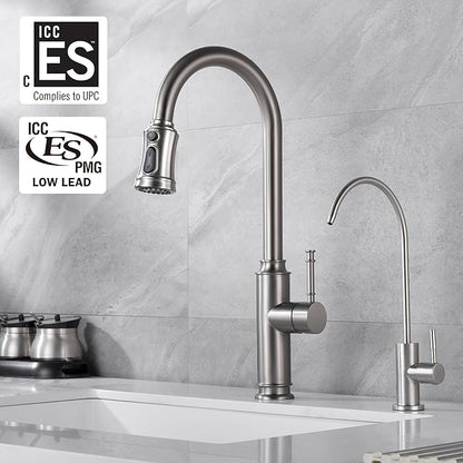 SUMERAIN Kitchen Faucet with Pull Down Sprayer Single Handle High Arc Pull Out Kitchen Sink Faucet Stainless Steel, Brushed Nickel