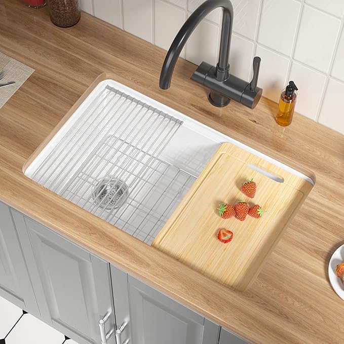 Offset Drain White Fireclay Undermount Workstation Kitchen Sink 30 Inch, Topmount White Undermount Sink 30''x19''x10'' Drop In, Deep Single Bowl Heavy Duty, Dual Mount, for Kitchen, Island