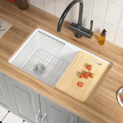 Offset Drain White Fireclay Undermount Workstation Kitchen Sink 30 Inch, Topmount White Undermount Sink 30''x19''x10'' Drop In, Deep Single Bowl Heavy Duty, Dual Mount, for Kitchen, Island