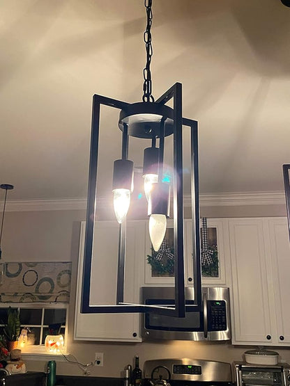 Modern Black Industrial Farmhouse Pendant Lighting, Rectangle Metal Cage Chandelier Hanging Light Fixture for Kitchen Island, Dining Room, Entryway, Hallway (3-Light)